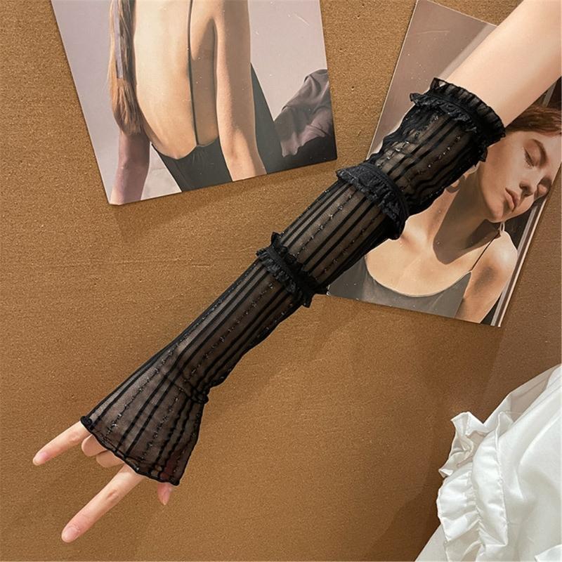 Sunproof Arm Sleeves Holiday Women Girl Arm Cover with Pleated Lace Trim Breathable Arm Cover for Holiday Driving