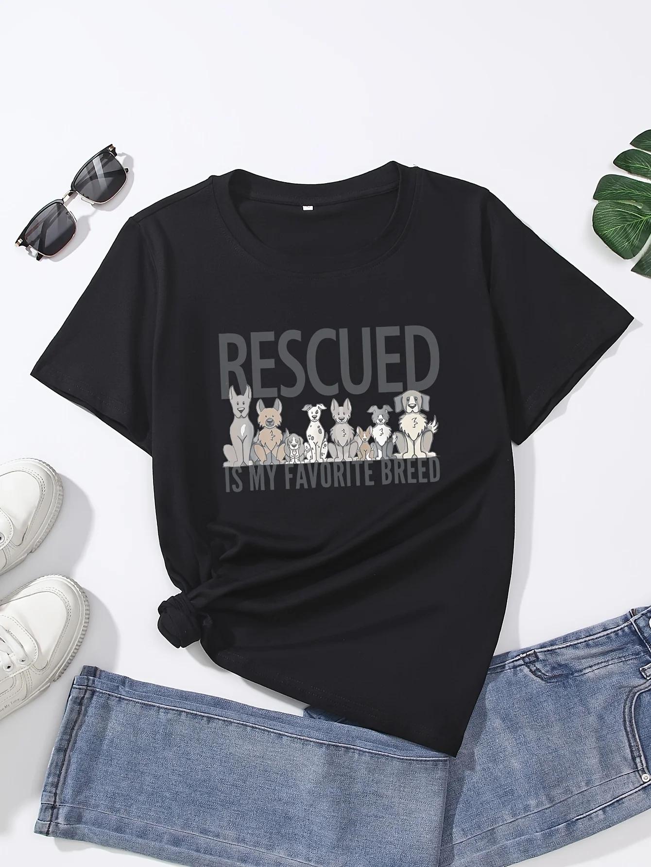 

Футболка с круглым вырезом и принтом RESCUED & Dogs, повседневный топ с коротким рукавом для весны и лета, женская одежда 4XL