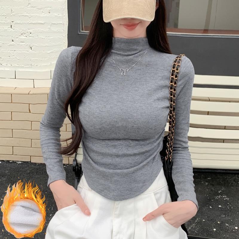 Harajuku Casual Slim Thick Warm Irregular T-shirts Female Autumn Winter Velvet Long Sleeve Solid Tee Women Half Turtleneck Tops