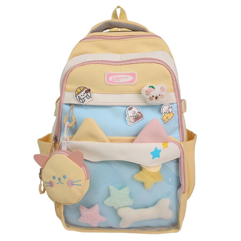 Color Fashion Blocked Cat Ear Design Student Backpack With Pendant And Badge