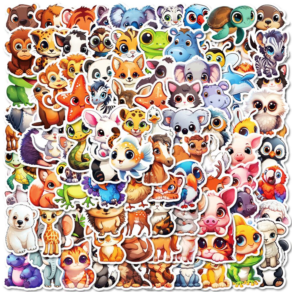 100 Cute Hand-Painted Big-Eyed Animals Pp Waterproof Stickers Elephant Cat Frog Do Not Repeat Decorative Stickers