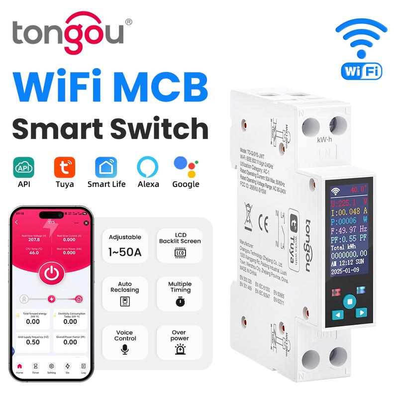 1P 50A Tuya WIFI Smart Switch Circuit Breaker LCD Energy Meter KWh Power Metering Timer Relay Remote Control Smart Life APP 1-50A adjustable