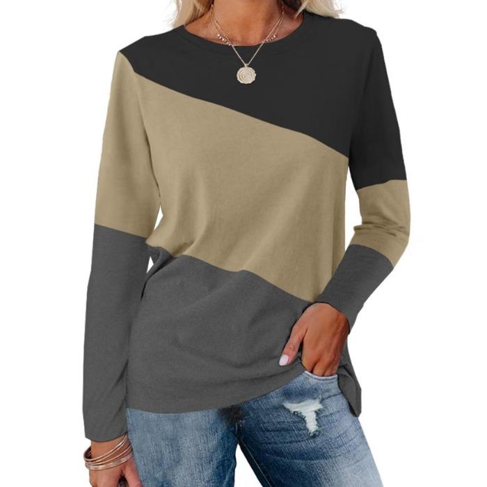 

Модный топ с цветными блоками и длинными рукавами с персонализированным контрастным дизайном для женских повседневных футболок 2XL