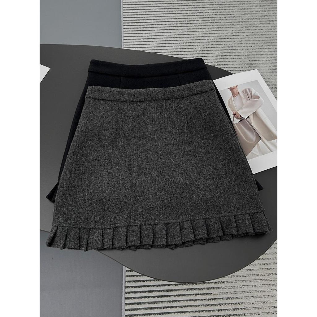 Plus Size Gray Wool Pleated Lace Skirt with Ruffle Hem - High Waist Bodycon for Autumn/Winter