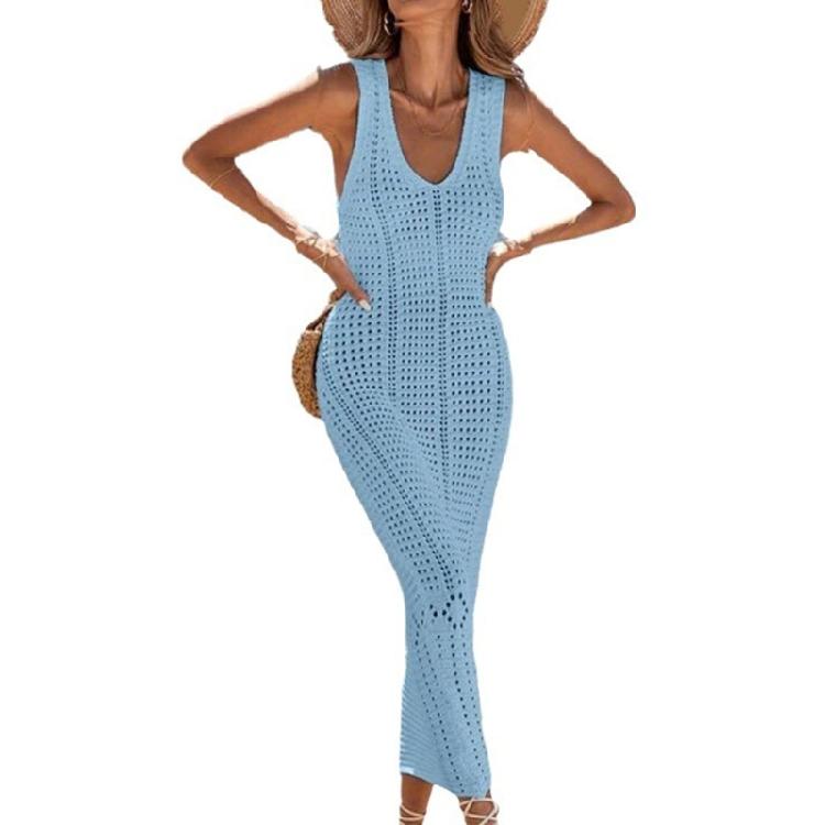 

Trend Beach Wear Cover Up Fashionable Knitted Blouse Soft Comfortable Wear Sleeveless Design with Hole Accent M светло-синий