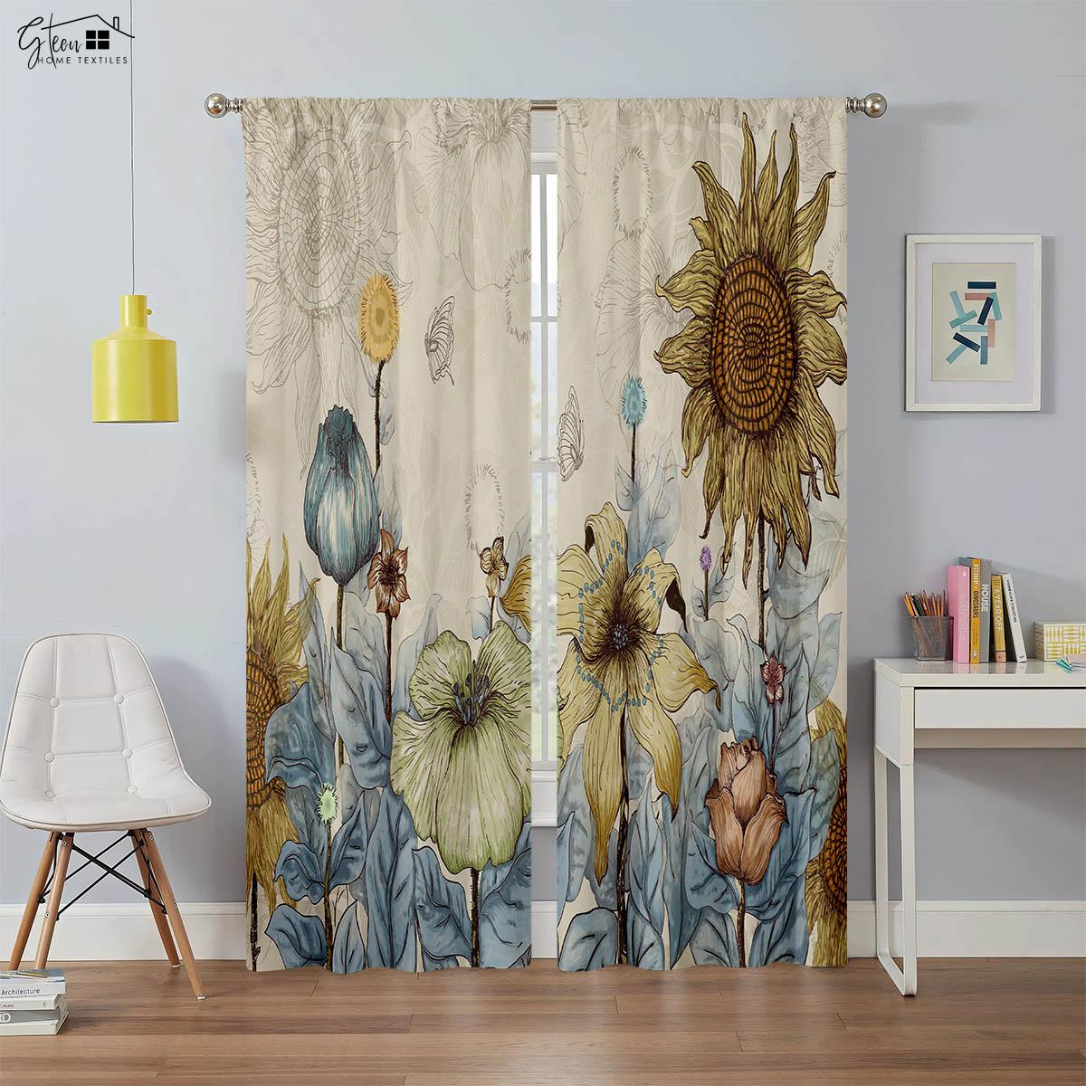 

Шторы с принтом подсолнухов, ретро-шторы с цветочным узором, подходящие для спальни, гостиной, балкона, декоративные шторы, 2 шт. W50xH130(CM)x2PCS&Grommet Top
