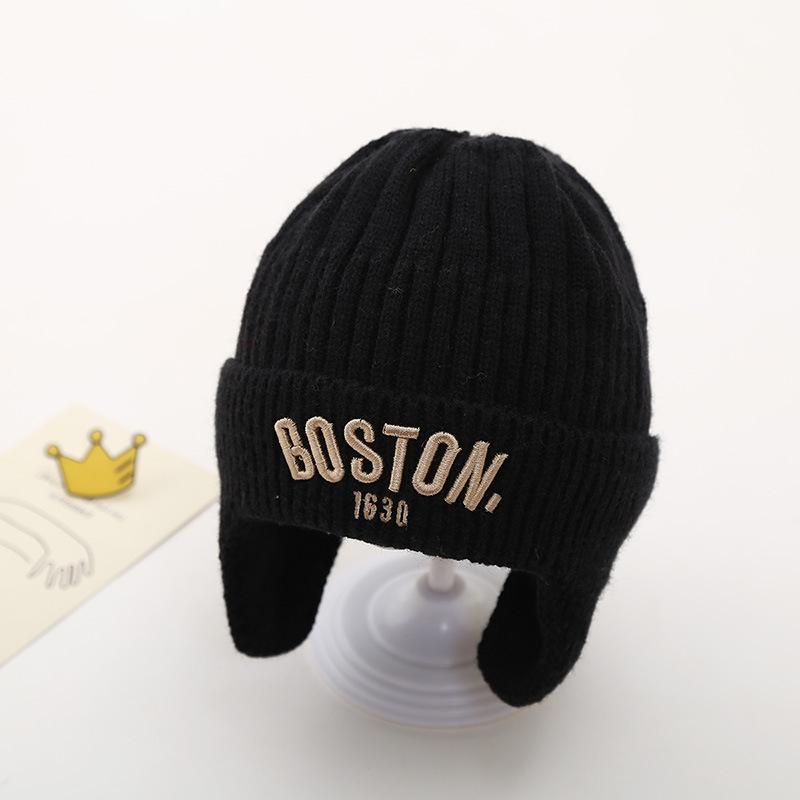 Winter Baby Knitted Hat with Earmuff Letter Embroidered Toddler Beanie Cap Solid Color Warm Woolen Kids Ear Protection Hats
