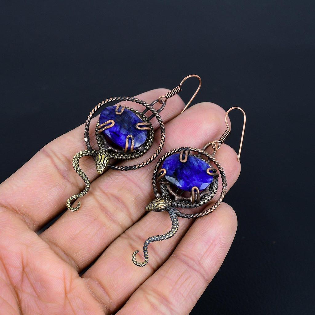 Blue Sapphire Earrings, Handmade Gemstone Earrings, 999 Copper Wire Wrapped Earrings Antique Jewelry, For Engagement Gift