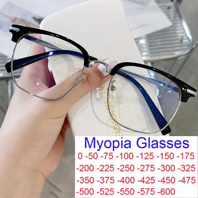 Business Half Frame Finished Myopia Glasses Men Anti Blue Light Metal Black Eyeglasses Male Prescription Shortsighted Eyewear