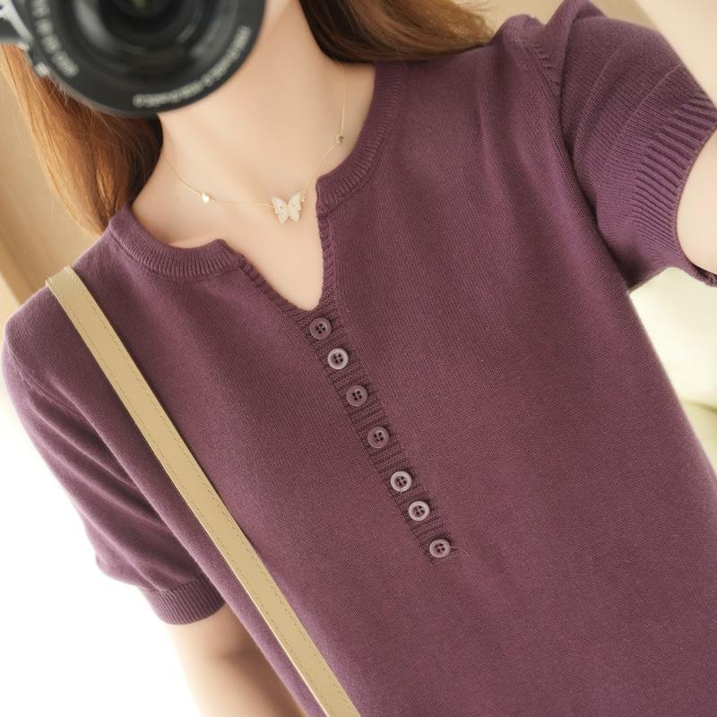 Summer Cotton Linen V-neck Half Sleeved T-shirt for Women, Loose Linen Solid Color Short Sleeved Button Up Top, Cotton Outerwear