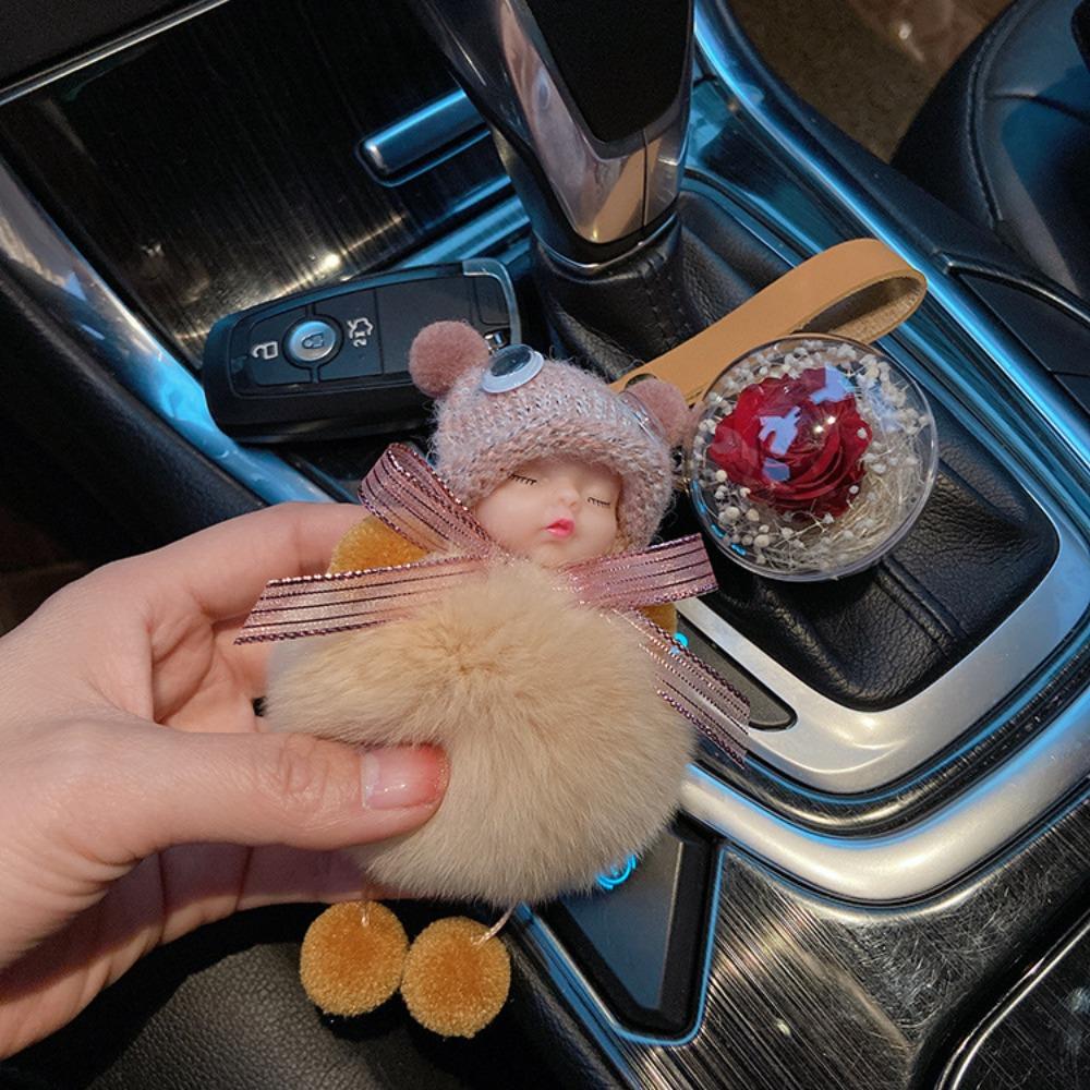 Pompom Fluffy Plush Doll Cute Flower Car Key Ring Keyholder Sleeping Baby Keychain  Jewelry Gift