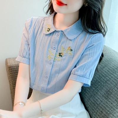 Women Cardigan Blouse Plus Size Summer Polo-neck Loose Casual Embroidery Pure Cotton Shirt Lady Short Sleeve Elegant Buttons Top