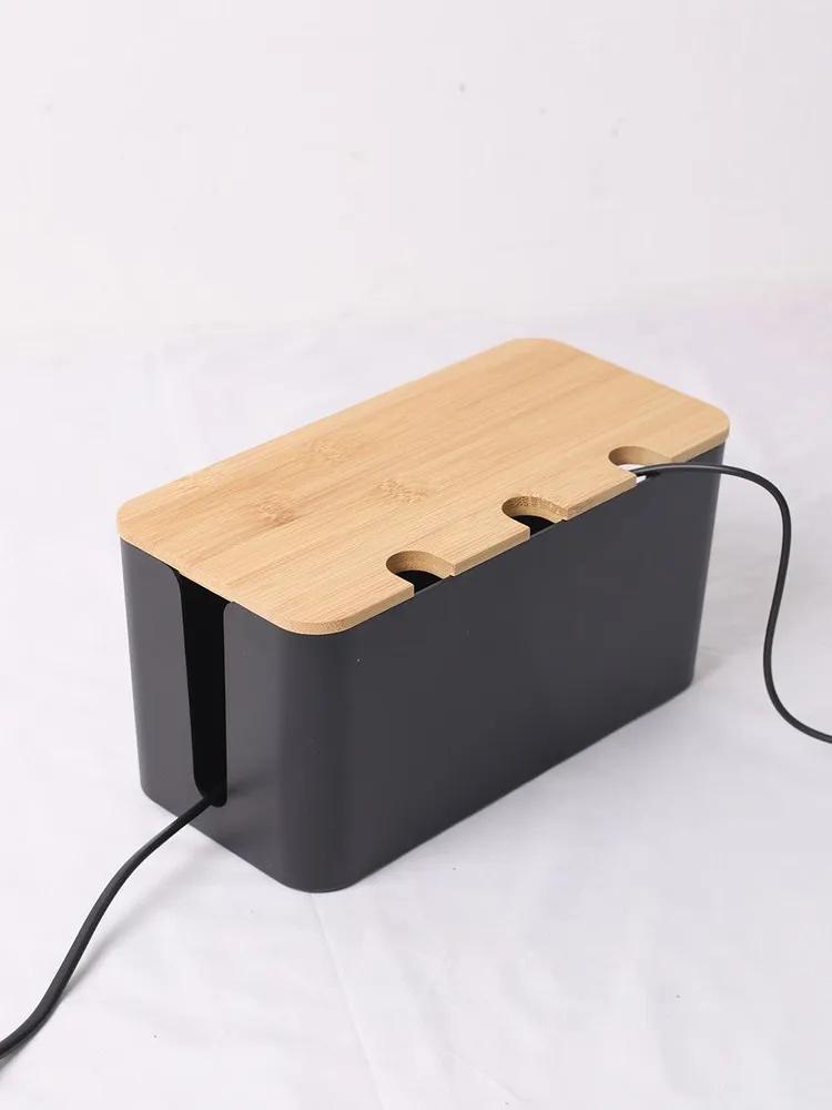 Cable Management Box with Wooden Lid Power Strip Organizer Desktop Wire Storage Box for Electrical Cord and Power Strip Cable Holder