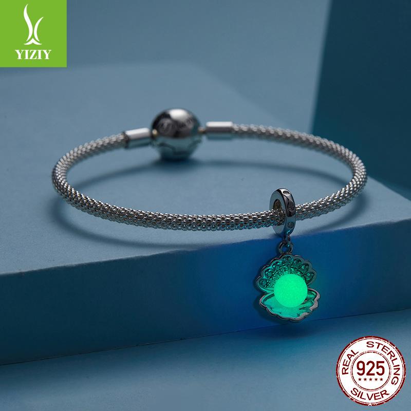 Light Blue Shell Luminous Beads Diy Pendant, Ocean Wind Charm Luminous Stone S925 Silver Bracelet Beaded.