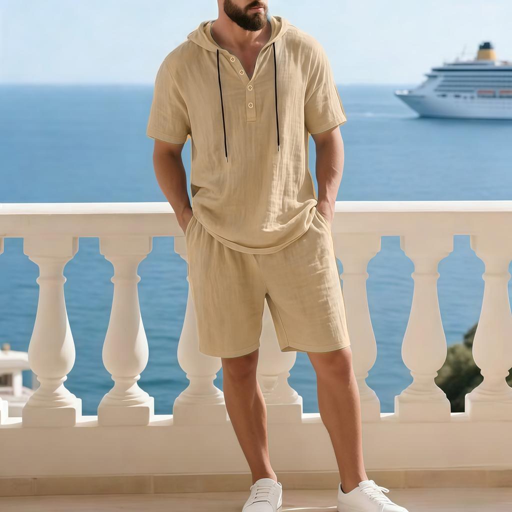 Set Casual Due Pezzi da Uomo a Manica Corta con Cappuccio e Pantaloncini a Colore Solido