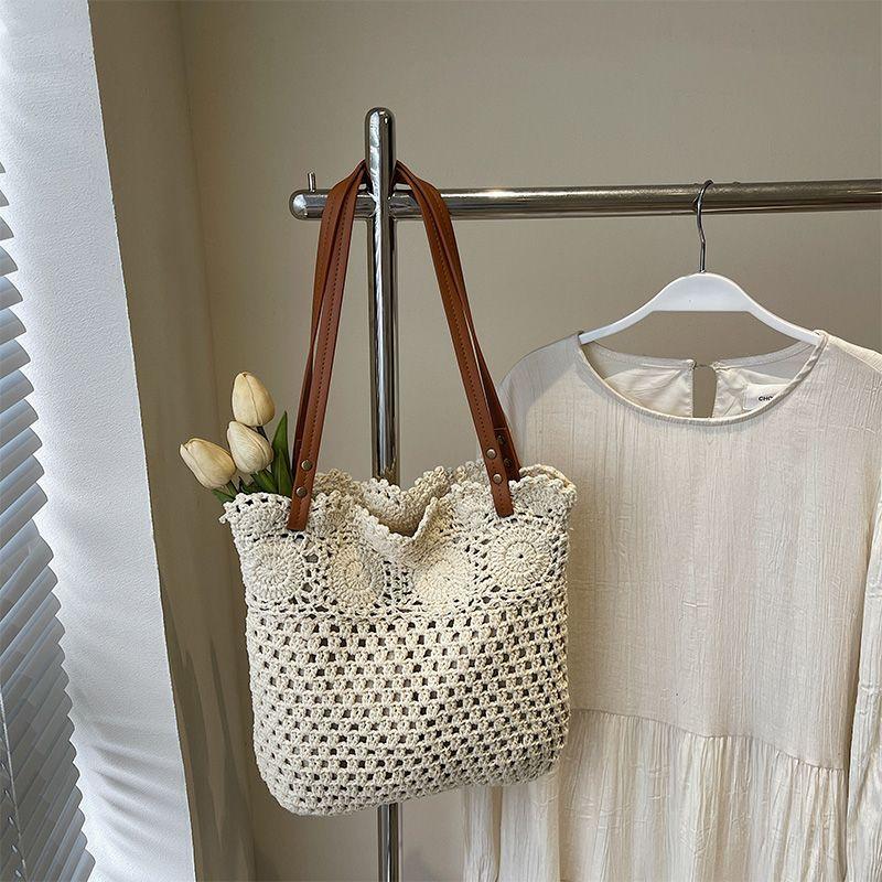 

Вязаная сумка-тоут большой вместимости Женская 2025 Лето Новинка Вязание крючком Хлопковая сумка-сетка Пляжная сумка на плечо