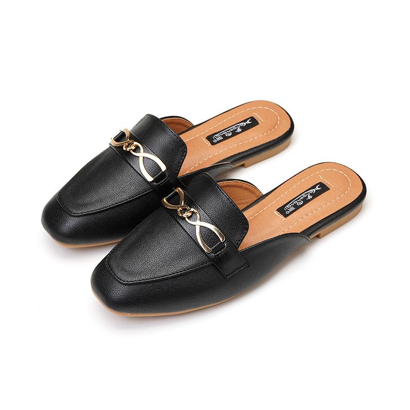 Modevarumärke Metallkedja Mules Skor Kvinna Täckta Tår Tofflor Damer Flipflops Flats Sandaler Casual Slip On Slides Halkfria Pantuflas