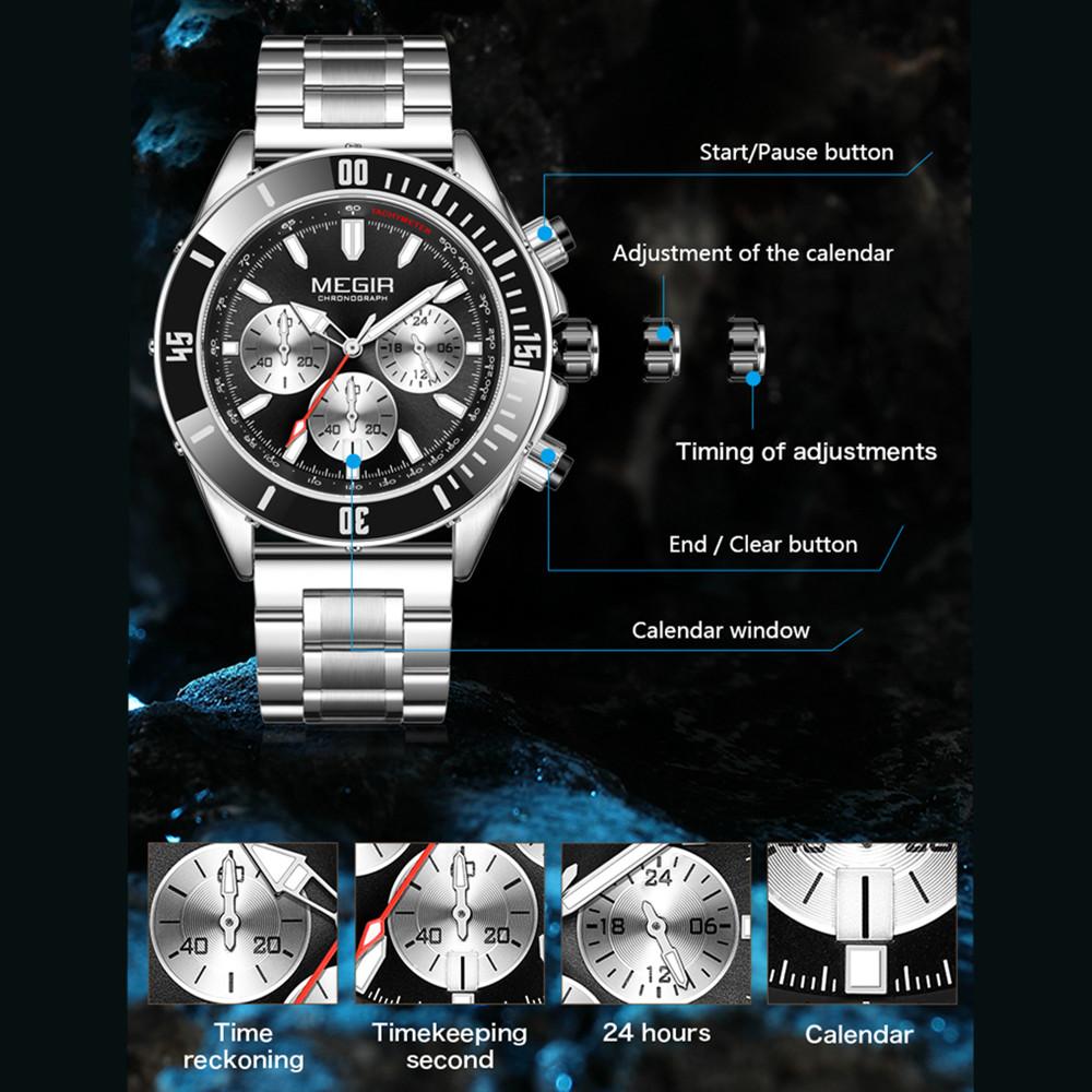 MEGIR Brand Business Watch for Men Luxury Quartz Clock Chronograph Waterproof Luminous Big Dial Sport Wristwatch Reloj Hombre 2226