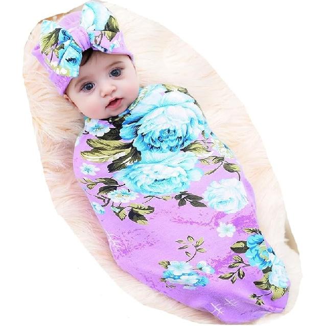 Galabloomer Receiving Blanket Headband Set Flower Print Baby Swaddle Receiving Blankets… (Navy Blue Rose)