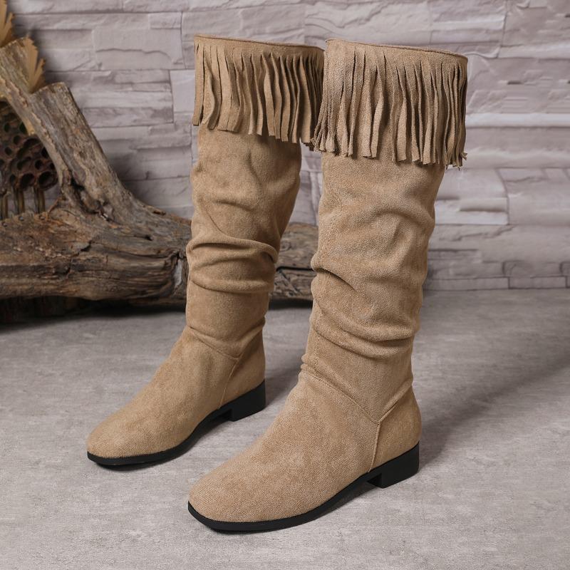 Fashion Cow Suede Square Heel Boots Autumn New Round Toe Sleeve Tassel Soft Sole Anti-slip Wear-resistant Mid-tube Boots