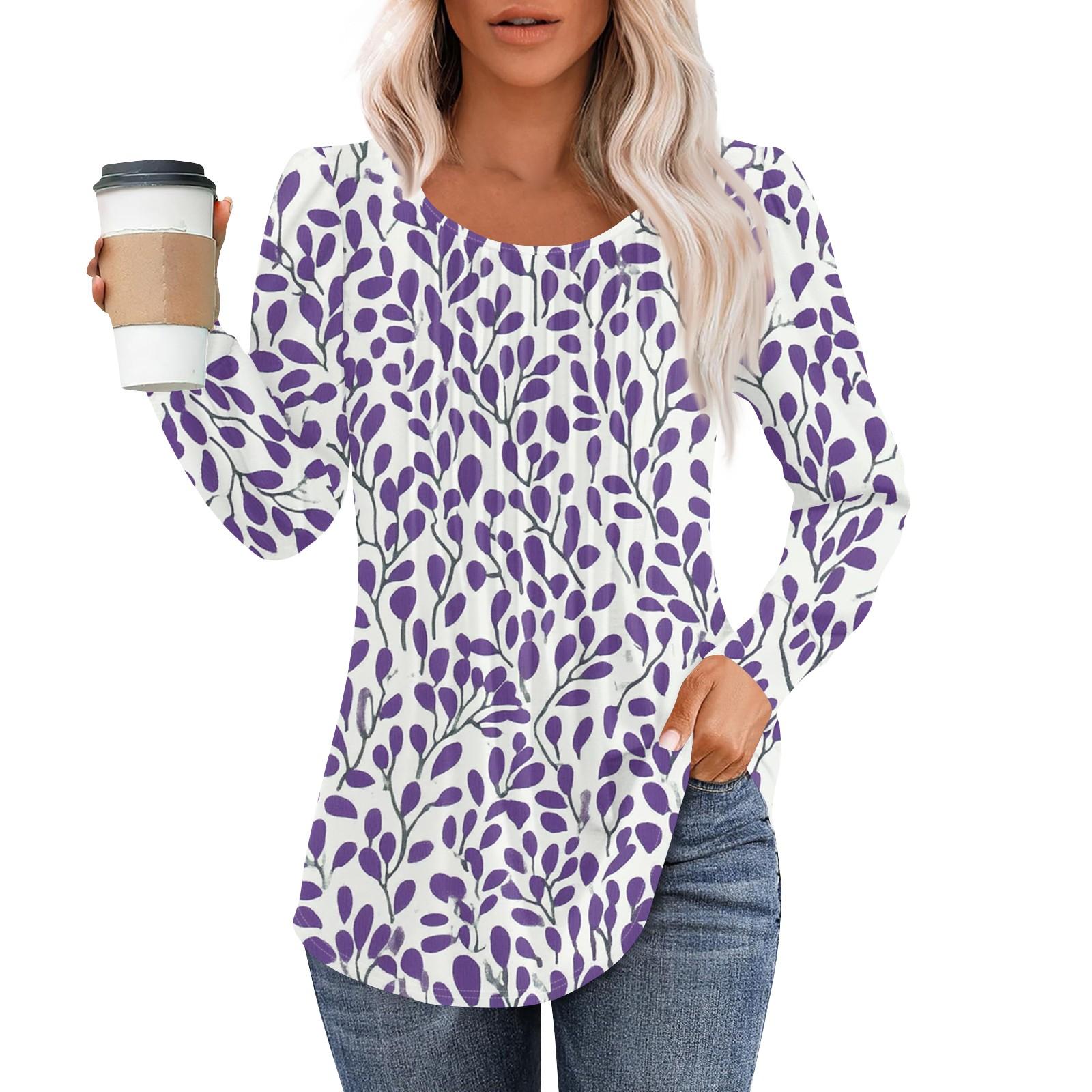 

Women s Fashion Casual Pleated Round Neck Vintage Floral Print Long Sleeve T-Shirt Top S