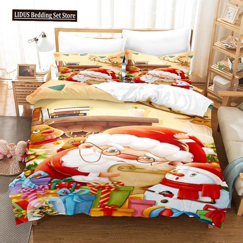 Merry Christmas Duvet Cover Set Twin King Queen Cartoon Santa Claus Bedding Set Polyester Christmas Gingerbread Man Quilt Cover