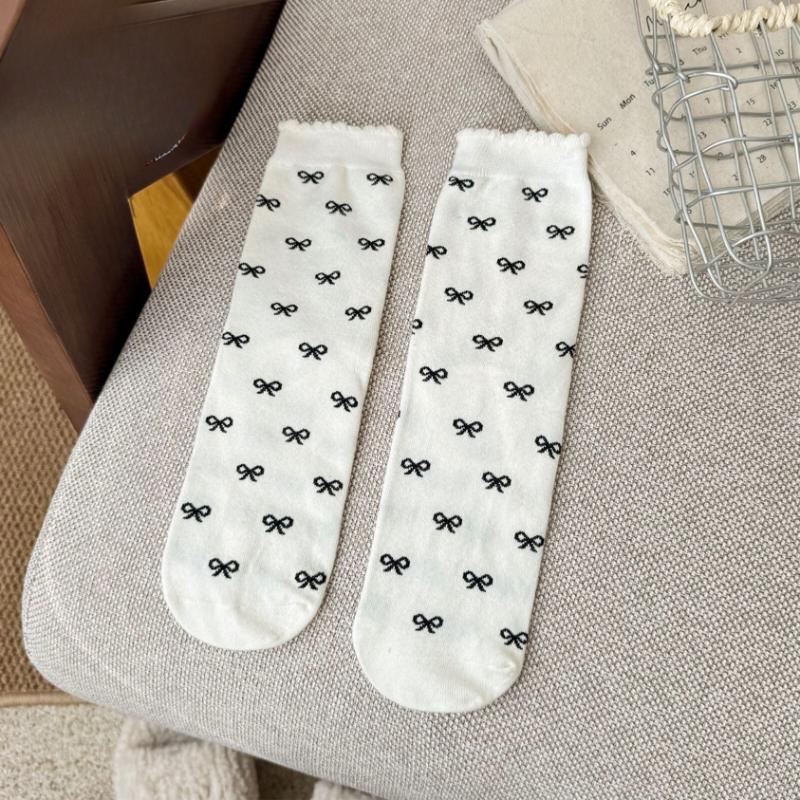 Women's Mid-calf Socks, Cartoon and Sweet Embroidered Puppy, Bow, Polka Dot, School-style Cotton Socks, Trendy Women