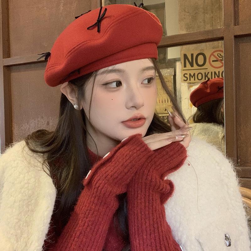 Red Bow Beret Female Autumn And Winter Retro Versatile Temperament Painter Hat Showing Face Small Octagonal Hat
