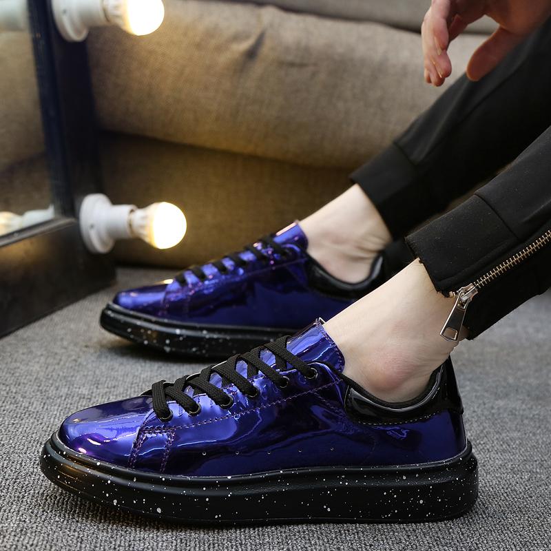 Men Light Leather Flat Sneakers Fashion Silver Men's Shoes Punk Casual Mirror Shoes Streetwear Sneakers Men Rock Hip Hop Shoes