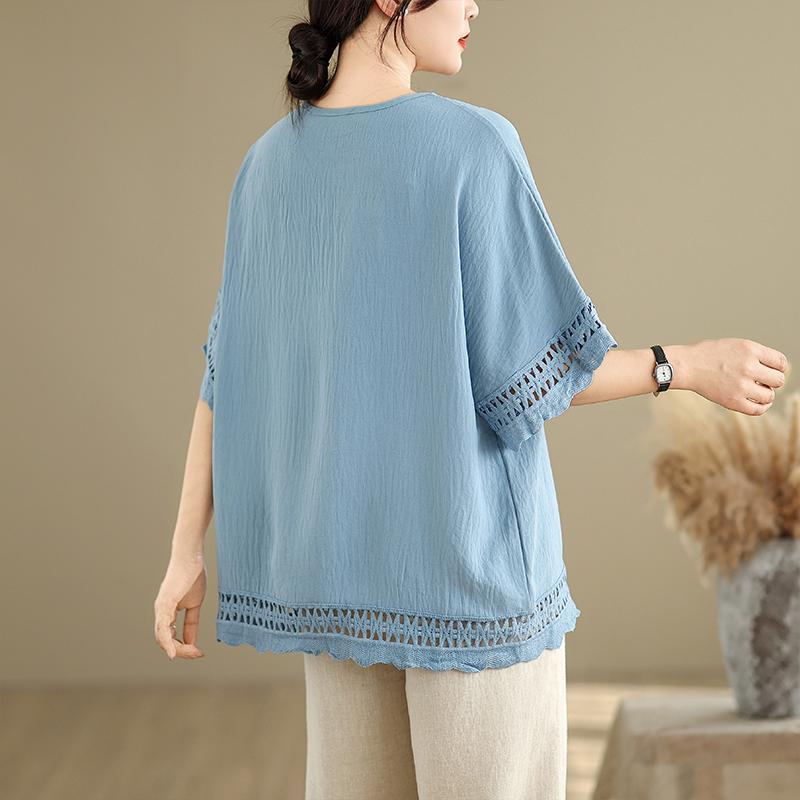 DIMANAF 2025 New Summer Plus Size T-Shirt Women Short Sleeve Solid Basic Hollow Vintage Loose Tops Tees Maxi