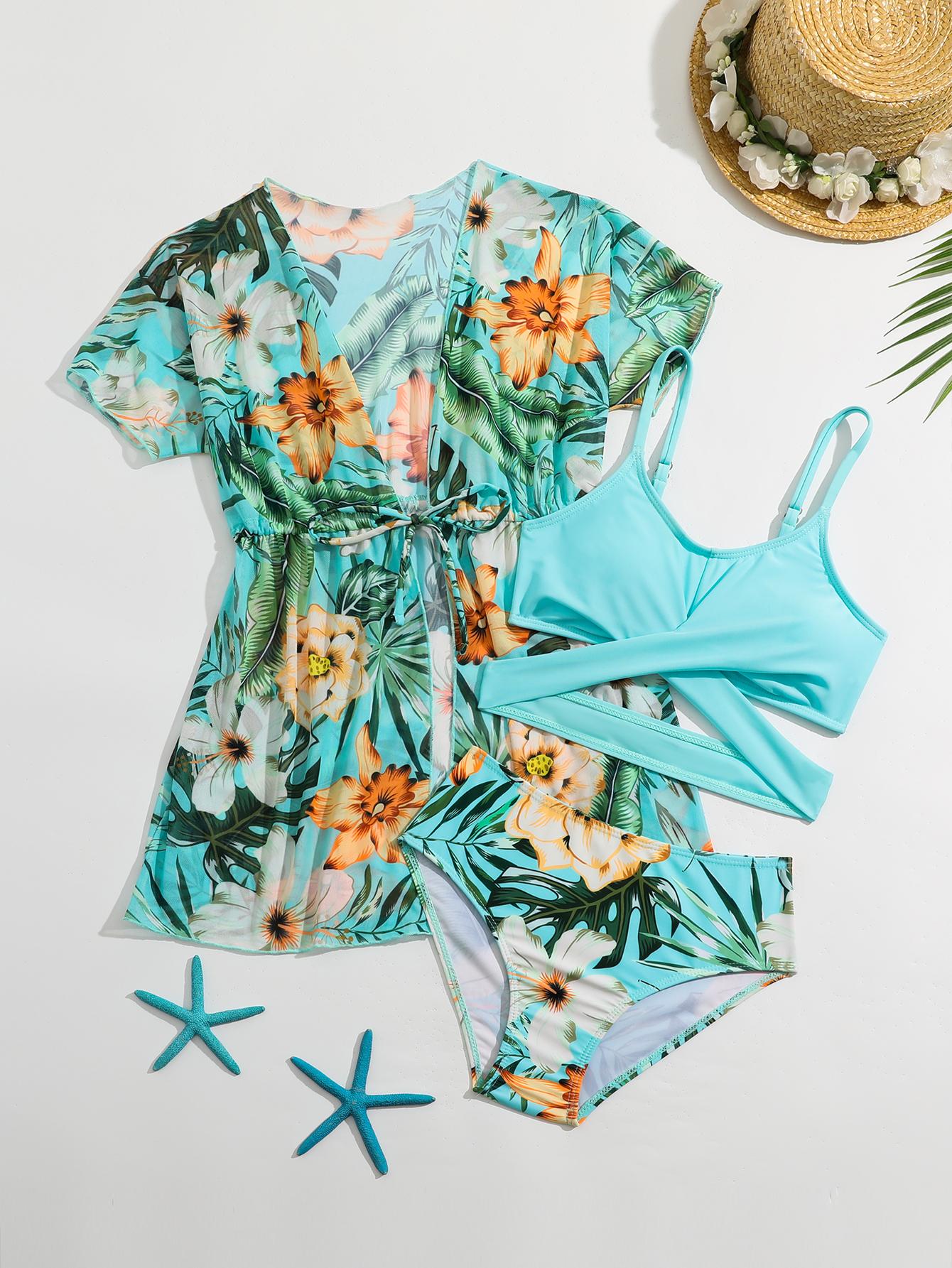 

Модный комплект из 3 предметов для девочек, купальный костюм с цветочным принтом, однотонный топ, трусы и купальник с короткими рукавами, детский купальный костюм на шнуровке 110 циан