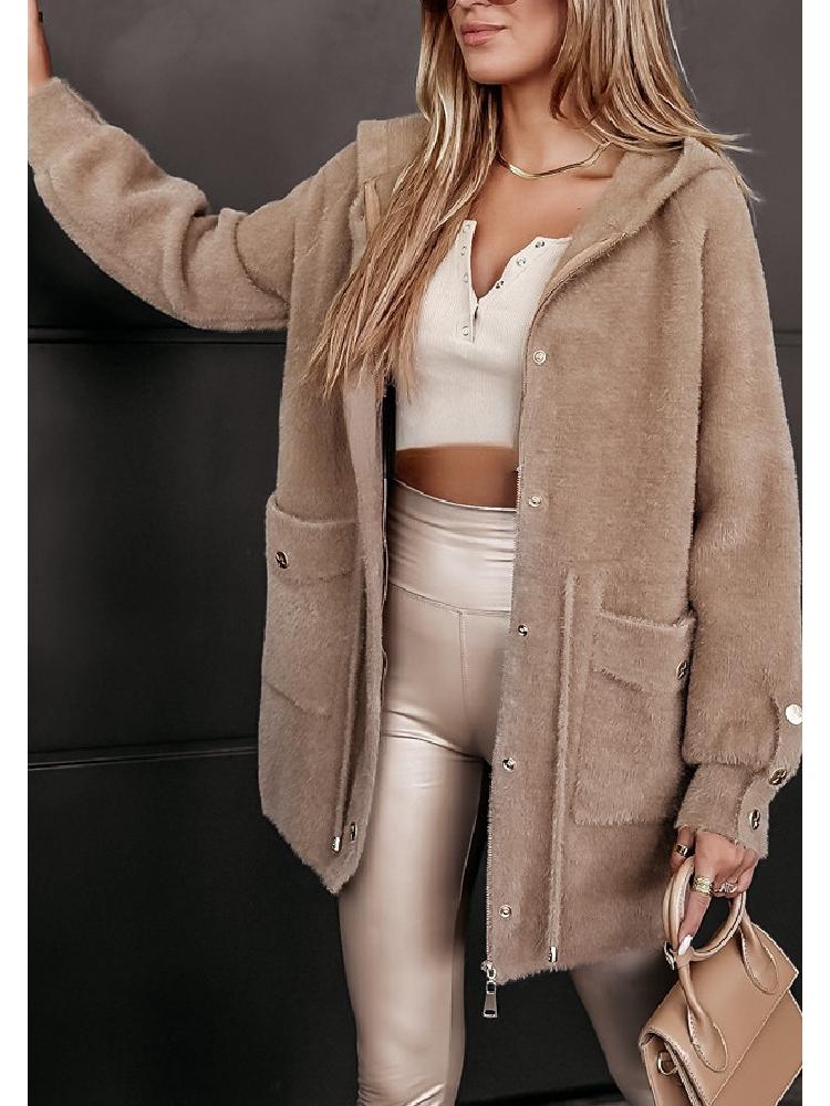 2024 Urban Fashion Woolen Coat with Drawstring Waist, Metal Buckle, and Zipper Hood