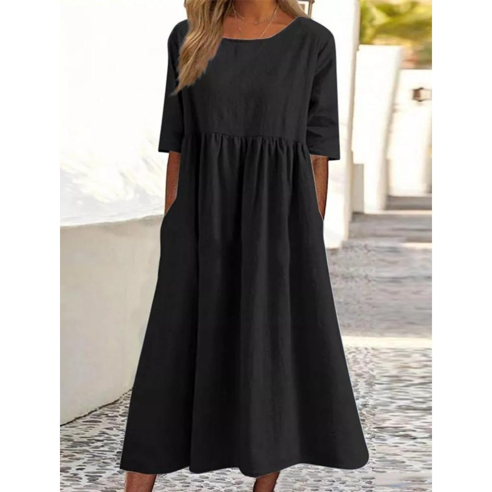 Spring and Summer Round Neck Casual Loose Solid Color Dress