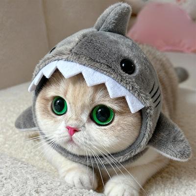 Stroje dla kociąt Regulowana Czapka Rekin dla Kota Kreskówkowa Ciepła Pluszowa Dekoracyjna Czapka dla Kota Uroczy Miękki Kostium dla Zwierzęcia Halloween