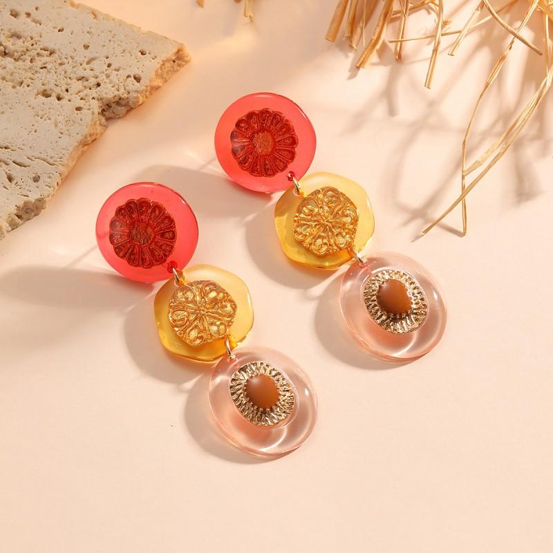 Bold Floral Layered Drop Earrings With Color-Block Design Round Statement Women Beach Style