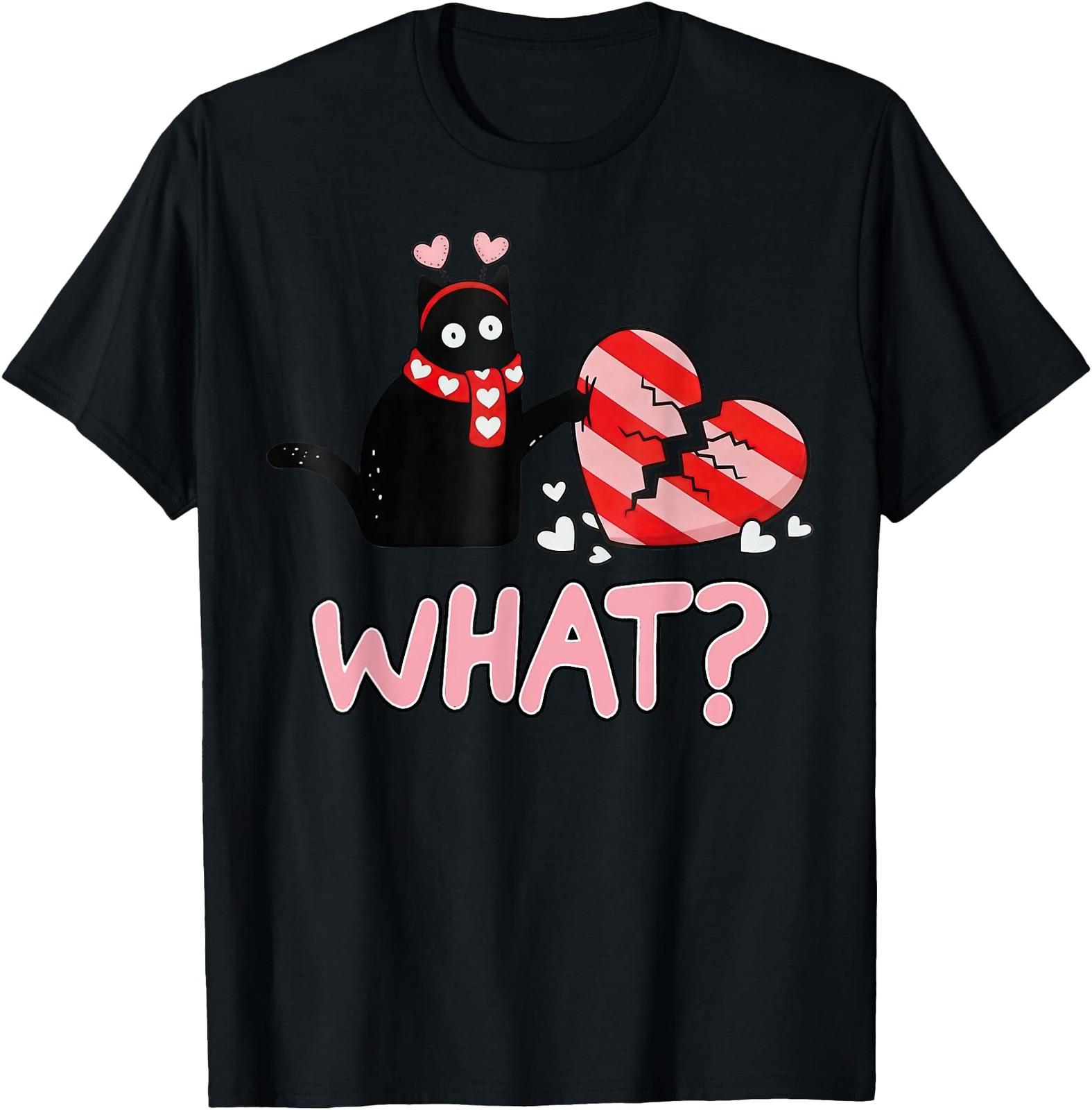 Black Cat What? Broken Heart Funny Cute Happy Valentines Day T-Shirt S разноцветный