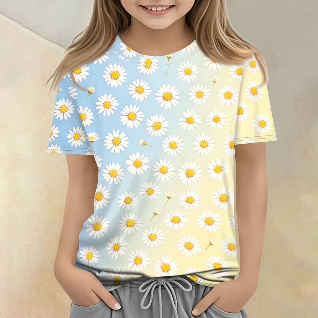 Kinder Blumenprint Rundhals Kurzarm Lässiges Lockeres T-Shirt Top Bequemer Leichter Stoff Geeignet für den Alltag