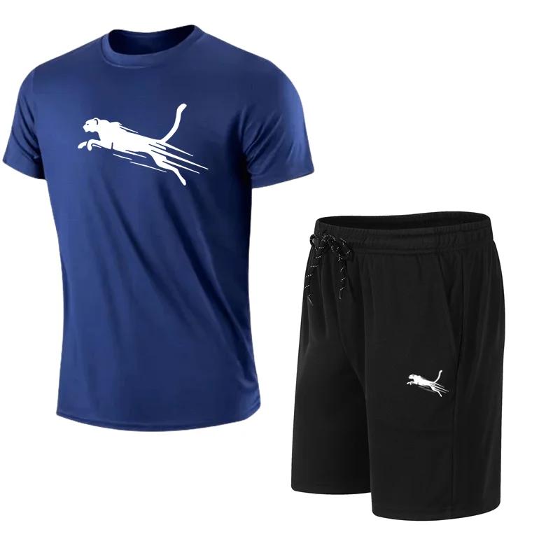 Męski Zestaw do Biegania Top z Nadrukiem Geparda Casualowy T-shirt+Szorty Dwuczęściowy Wolne Bieganie Oddychający Szybkoschnący