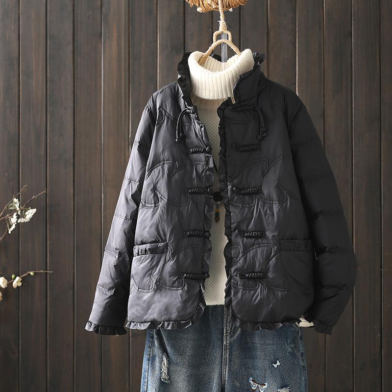 FASHION2024 New Product Handmade Buckle Light and Thin Splicing Stand-up Collar White Duck Down Short and Winter Literary Jacket Clothes