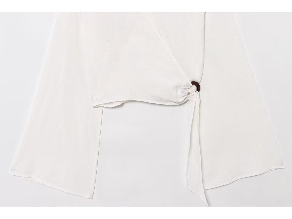 Women's 2025 Summer Vacation Buckle Top & High Waist Ramie Pants Set