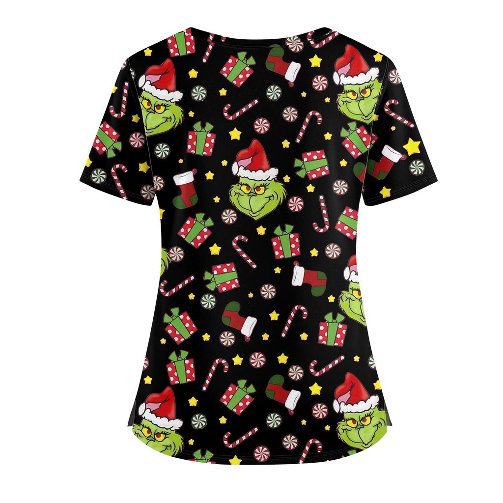Women's Christmas Print V-Neck Double Pocket Short Sleeve Uniform Top With Slit Hem