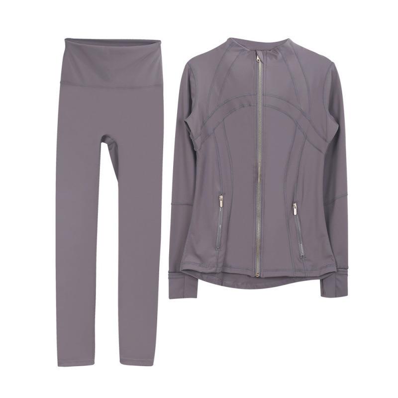 Lulu Original Yoga Anzug: Schnelltrocknendes Set mit Stehkragenjacke & Elastischer Neun-Punkt-Hose, Goldener Reißverschluss.