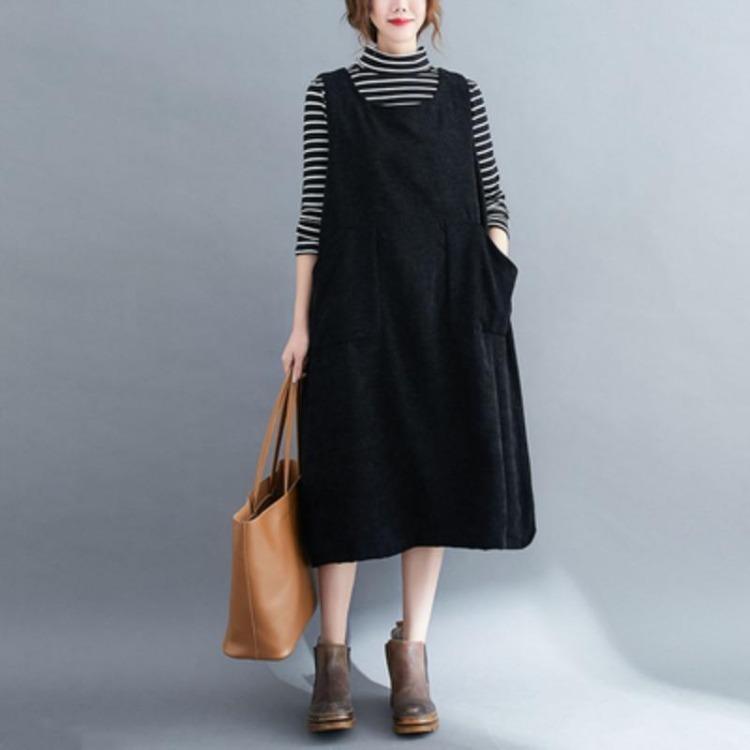 

Plus Size Women Corduroy Sleeveless Long Dress Casual Loose Large Lady Dress M чёрный