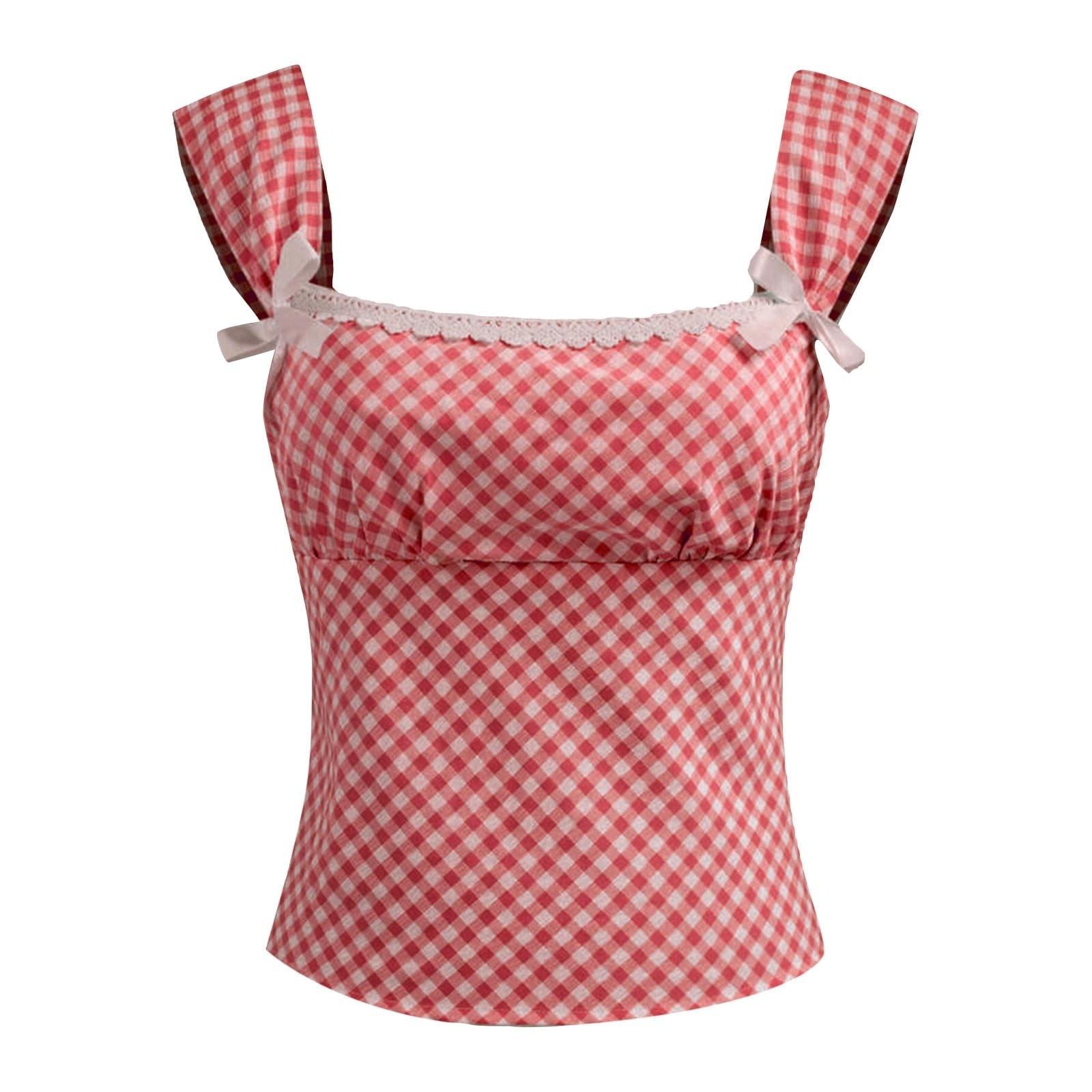 

Женская клетчатая рубашка с кружевом на спине и бретельками S арбуз красный