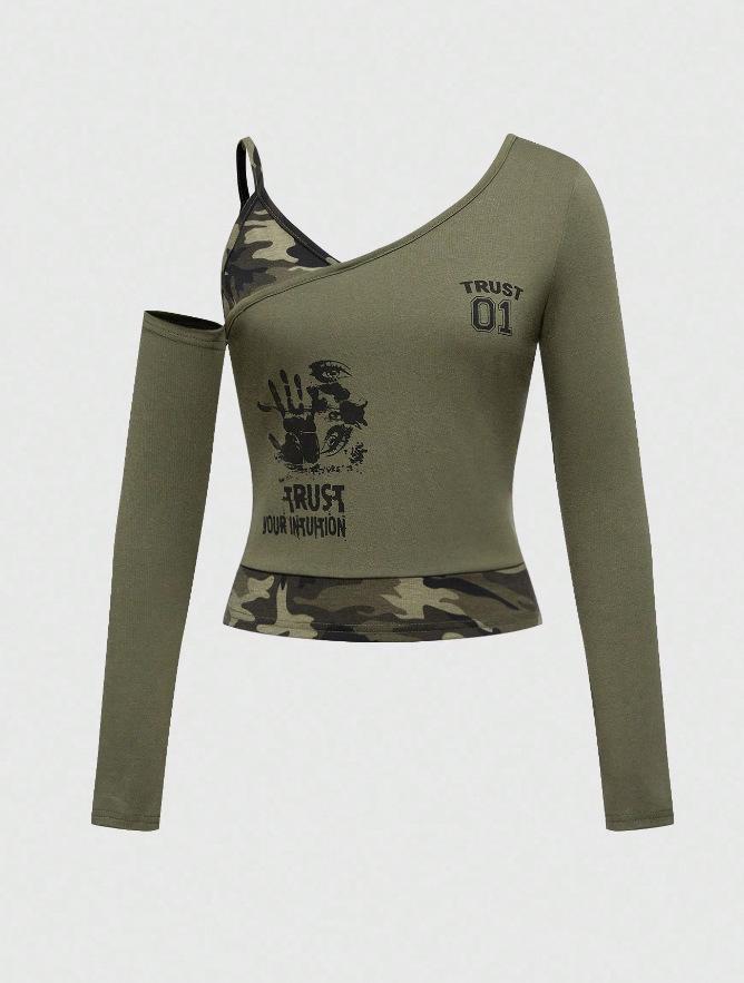 Autumn/Winter Slim Fit Ribbed Long Sleeve Top with Letter Print for Women