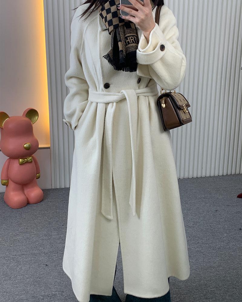 

Довге вовняне пальто жіноче 8002 темперамент приталене на шнурівці двобортне з лацканами вовняне пальто робить стрункішим S білий