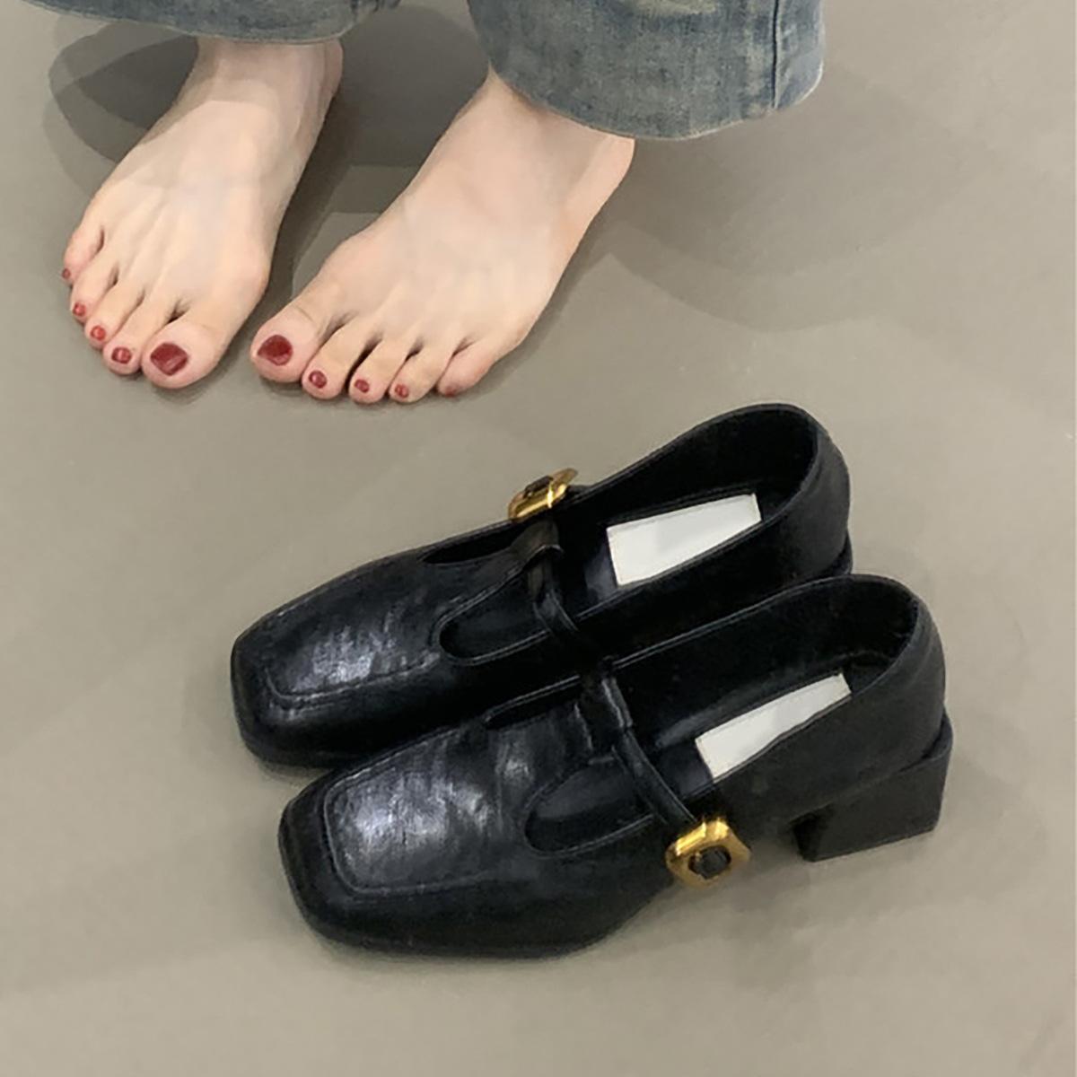 

Sheepskin version~ Retro square head temperament high-heeled Mary Jane shoes, light mouth one-word buckle with thick heel high heels for women 39