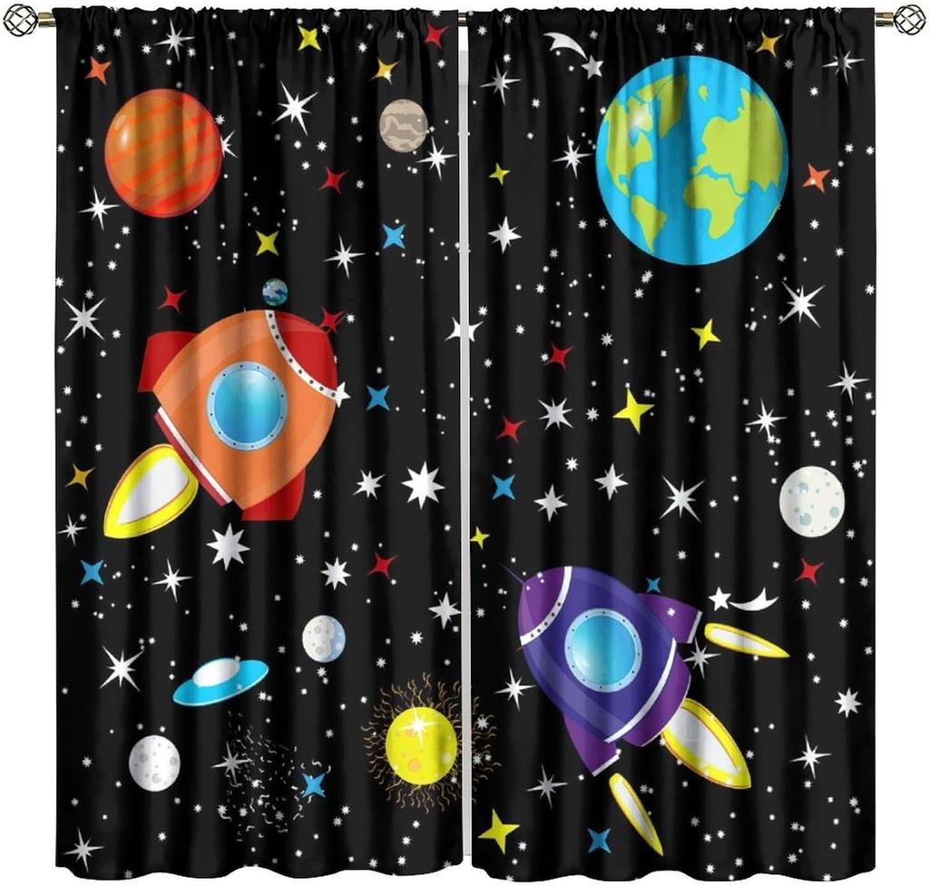 Kids Outer Space Curta, Universe Themed Earth Moon Rockets Stars Window Drapes, For Boys Girls Room Bedroom Living Room