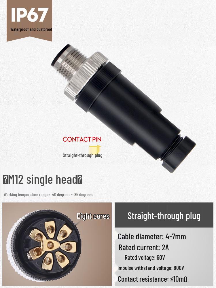 M12 Waterproof Sensor Connector: Male & Female Aviation Plug, 34-Pin, 5-Hole, 8P, Straight & Elbow, Three-Core Socket.