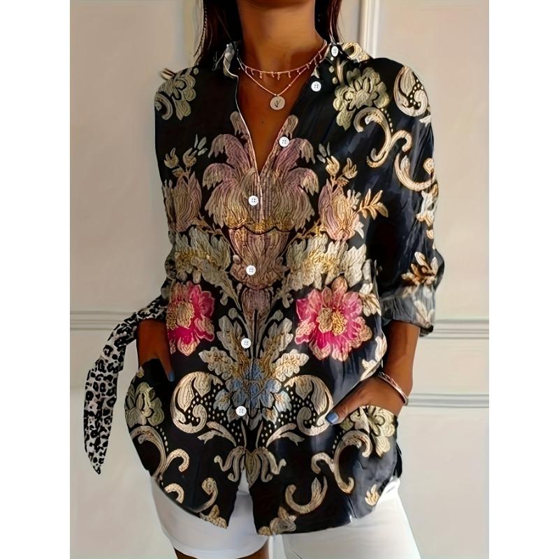 A Vintage Floral Print Easy Shirt, Casual Long-Sleeve Button-Up Shirt for Women, Suitable for Spring And Summer